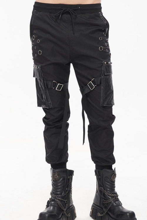 Black Punk Multi-Pocket Leather Splicing Metal Leg Ring Men's Pants