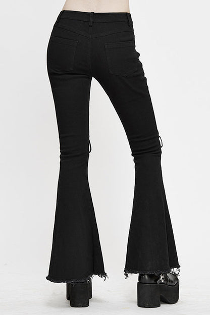 Black Punk Nailed Knee Cutoff Bellbottomed Womens Pants