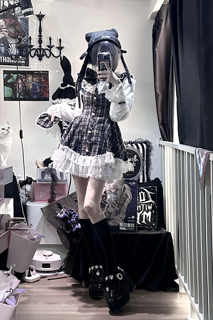 Black [Lunar Eclipse Doll] Long Sleeves Plaid Printed Ruffled Bow Lace Sweet Jirai Kei Japanese Dress Shorts Set