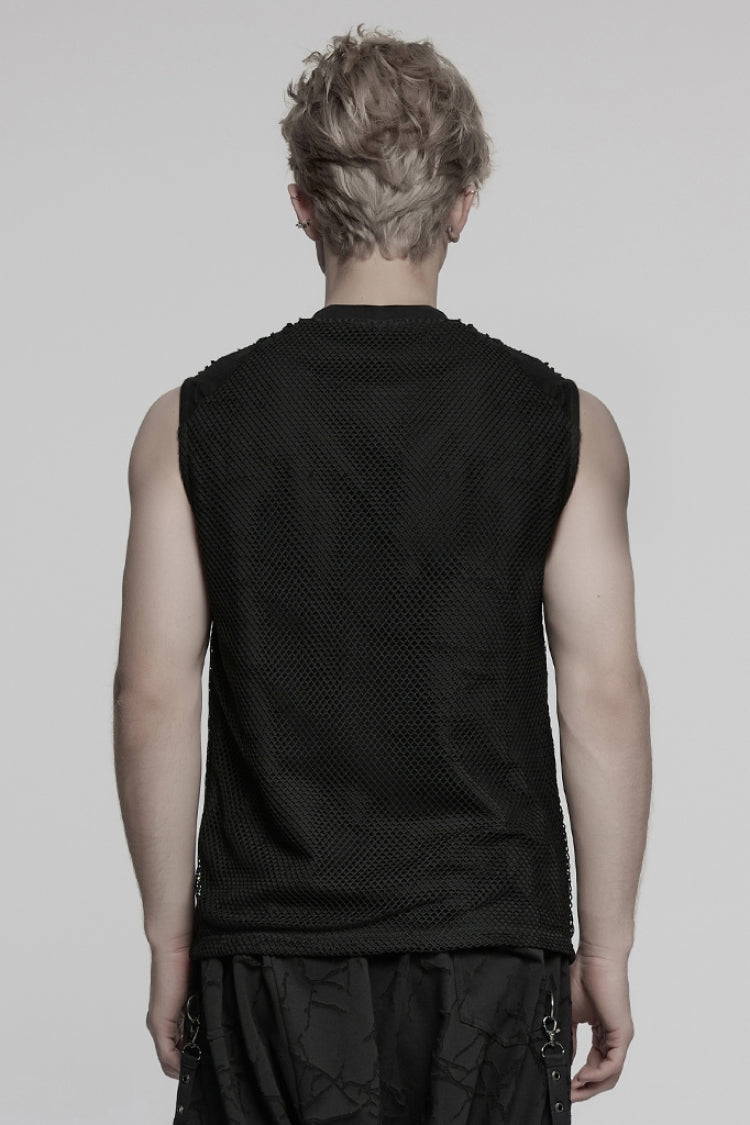 Black Round Collar Sleeveless Stitching Mesh Ripped Men's Punk Vest
