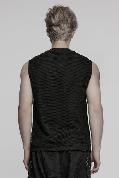 Black Round Collar Sleeveless Stitching Mesh Ripped Men's Punk Vest
