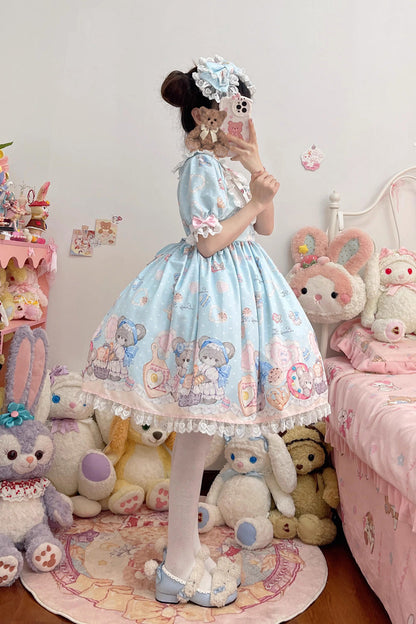 Blue Short Sleeves Baked Bear Print Ruffle Sweet Lolita Dress