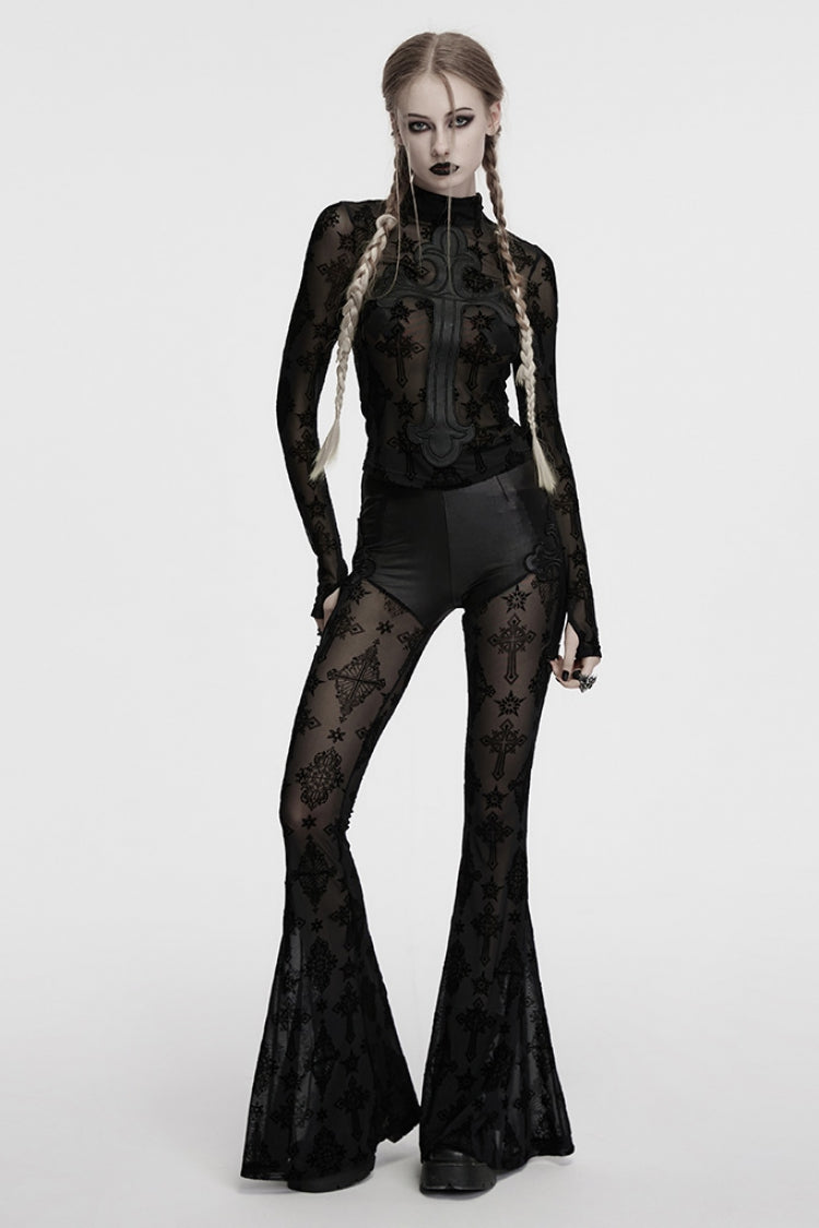 Black Stand Collar Long Sleeves Star Cross Embroidery Sheer Mesh Women's Gothic T-Shirt
