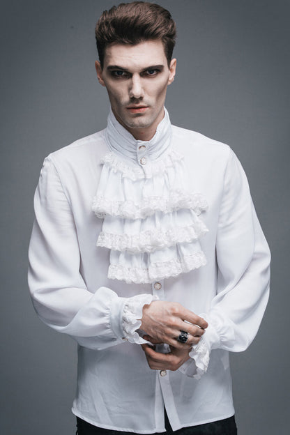 White Ruffled Lace Button-Up Micro-bullet Chiffon Long Sleeve Men's Gothic Shirt