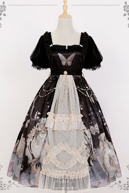 Vintage Elegant Lace Square Collar Bubble Short Sleeves Time Butterfly Print High Waisted Sweet Lolita Dress