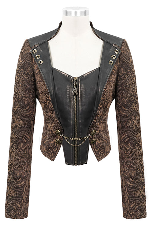 Brown Jacquard Slim Print Short Womens Punk Jacket