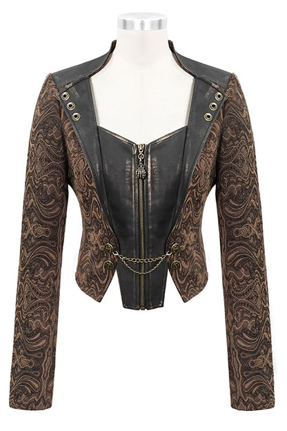 Brown Jacquard Slim Print Short Womens Punk Jacket