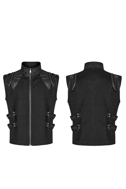 Black Stand Collar Side Waist Webbing Decorative Stitching Mens Steampunk Vest