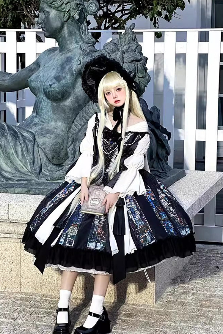 Black Stained Window Print Ruffle Bowknot Gothic Elegant Lolita Jsk Dress