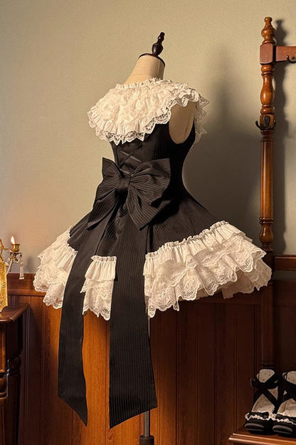 Black/White [Miss Tsundere] Sleeveless Multi-Layered Ruffle Bowknot Lace Asymmetric Sweet Princess Lolita Dress