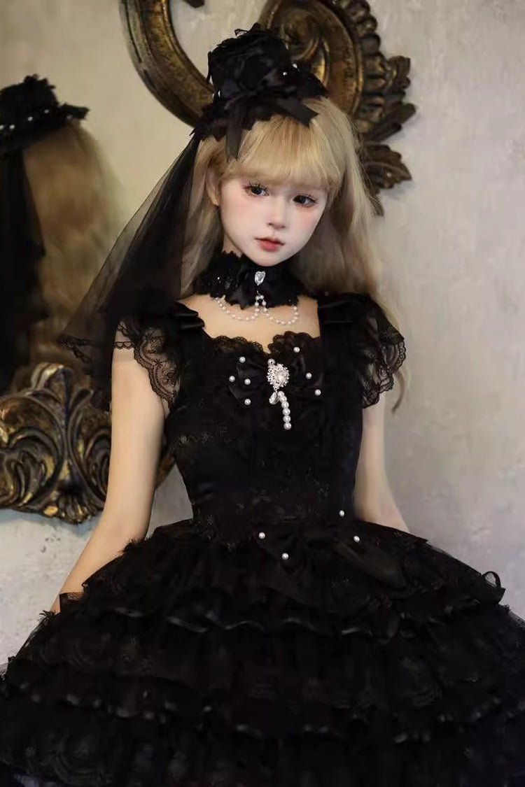 Black [Ballad of Feathers] Sleeveless Multi-Layered Ruffle Hanayome Bowknot Gothic Lolita Jsk Dress