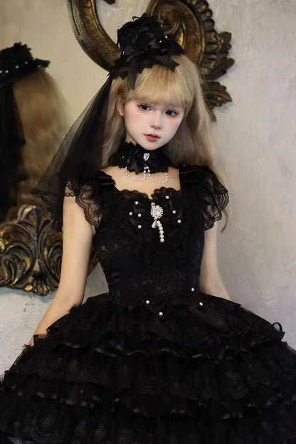 Black [Ballad of Feathers] Sleeveless Multi-Layered Ruffle Hanayome Bowknot Gothic Lolita Jsk Dress