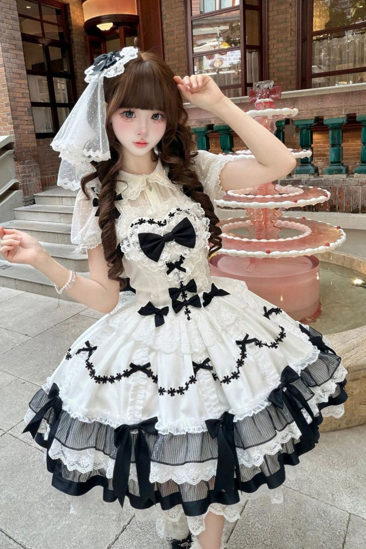 Black/White [Scarlet Heart Cocoa] Sleeveless Triple-Layered Ruffle Embroidery Bowknot Lace Sweet Lolita Jsk Dress