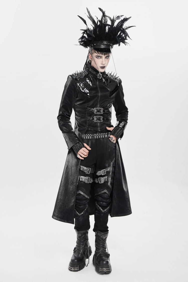 Black Stand Collar Floral Print Rivet Buckle Zipper Straps Men's Punk Coat