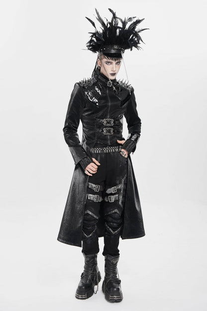 Black Stand Collar Floral Print Rivet Buckle Zipper Straps Men's Punk Coat