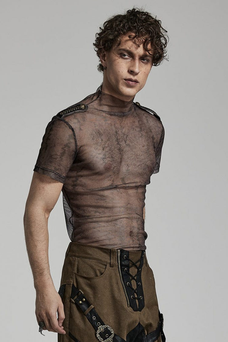 Stand Collar Short Sleeves Print Slim Mens Steampunk T-Shirt 2 Colors