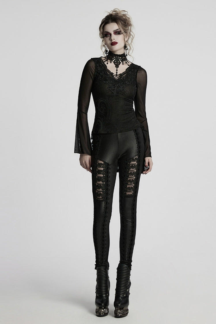 Black V Collar Embroidery Lace Lace-Up Women's Gothic Blouse