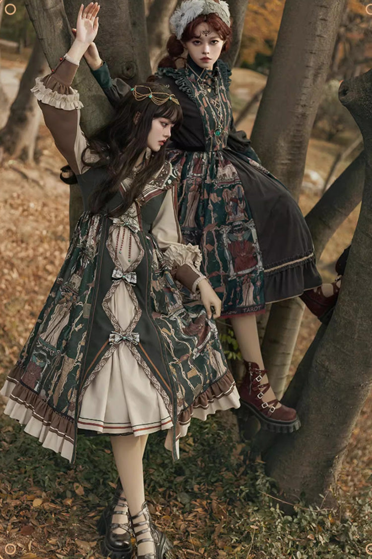 Dark Blue [Tarot] Print Ruffle Bowknot Sweet Elegant Lolita Strap Dress