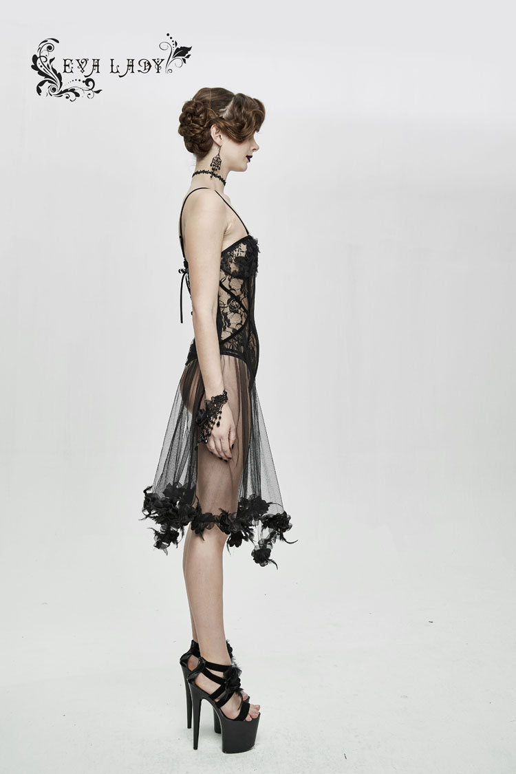 Black Translucent Rose Lace Mesh Hem Sling Women's Gothic Jumpsuit
