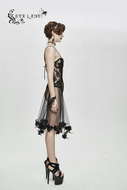 Black Translucent Rose Lace Mesh Hem Sling Women's Gothic Jumpsuit