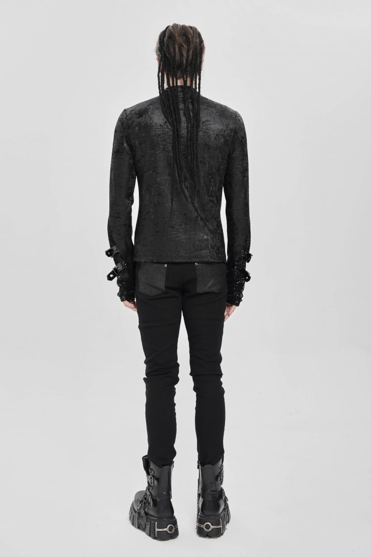Black Stitching Lace-Up Mesh Chain Men's Punk Blouse