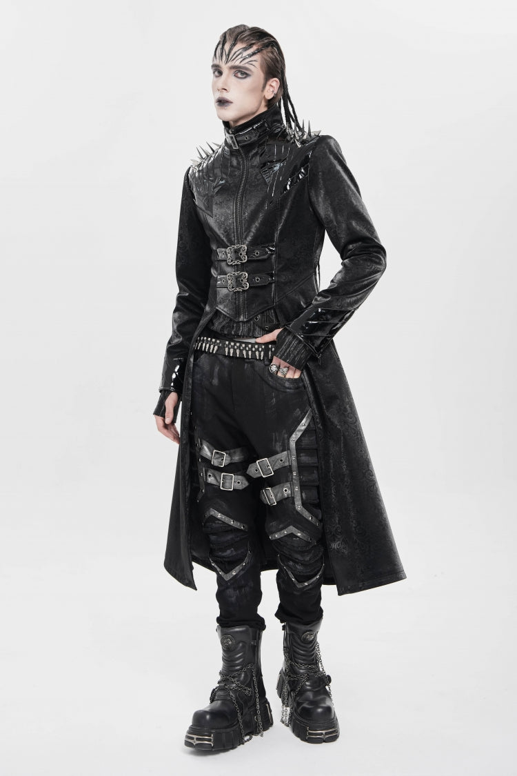 Black Stand Collar Floral Print Rivet Buckle Zipper Straps Men's Punk Coat