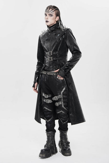 Black Stand Collar Floral Print Rivet Buckle Zipper Straps Men's Punk Coat