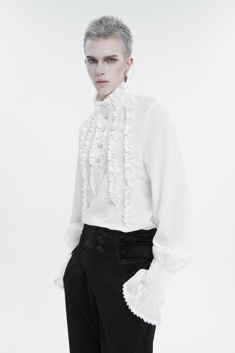 White Irregular Stand Collar Puff Sleeved Ruffled Men's Gothic Shirt