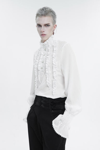White Irregular Stand Collar Puff Sleeved Ruffled Men's Gothic Shirt