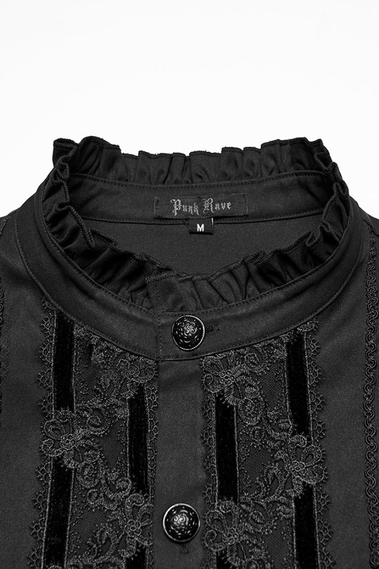 Black Stand Collar Long Sleeves Ruffle Embroidery Pleated Men's Gothic Blouse