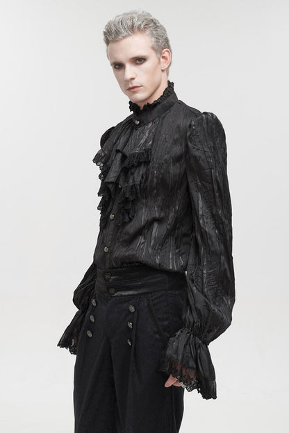 Black Vintage Stand Collar Striped Collar Floral Lace Men's Gothic Shirt