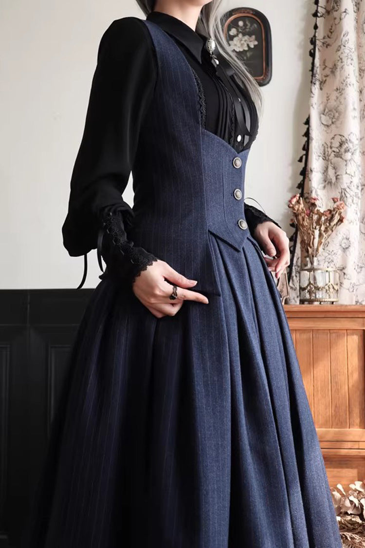 Blue [Griffin’s Pact] Striped Printed Ruffled Gothic Lolita Skirt Vest Set