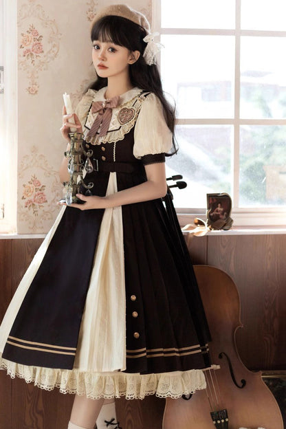 Black/White Chocolate Workshop Long Version Elegant Short Puff Sleeves Sweet Lolita Dress