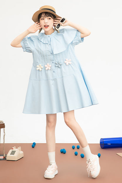 Blue Irregular Ruffled Round Collar Bubble Short Sleeves Waist With Flower Accessories High Waisted Sweet Lolita Dress