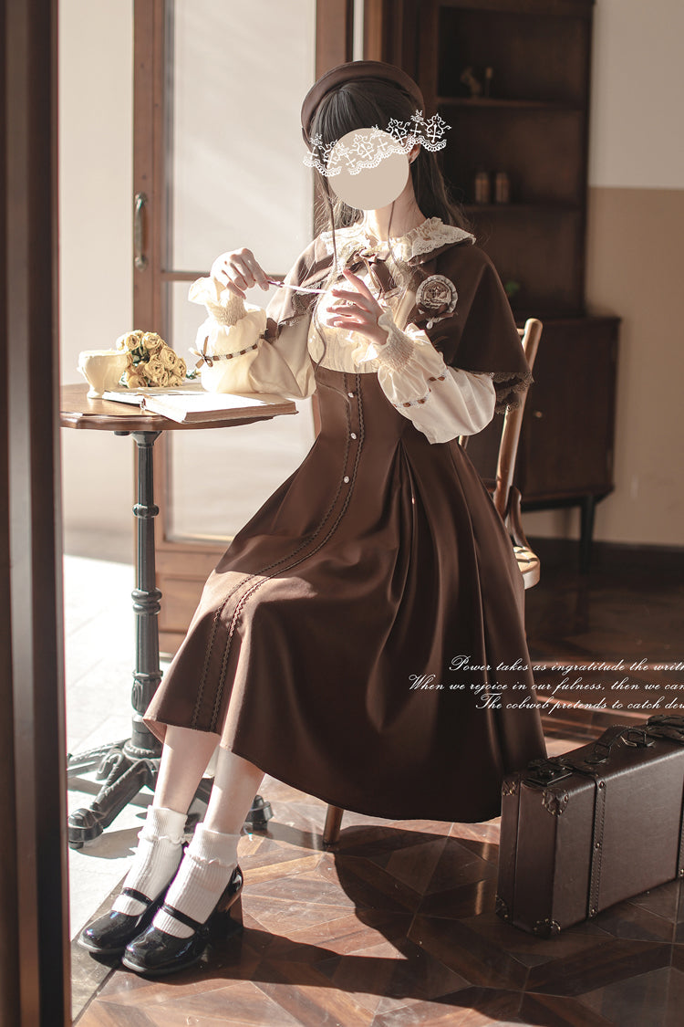 Brown/White [Sunset Academy] Long Sleeves Ruffle Bowknot Fake Two Pieces Vintage College Style Elegant Lolita Dress