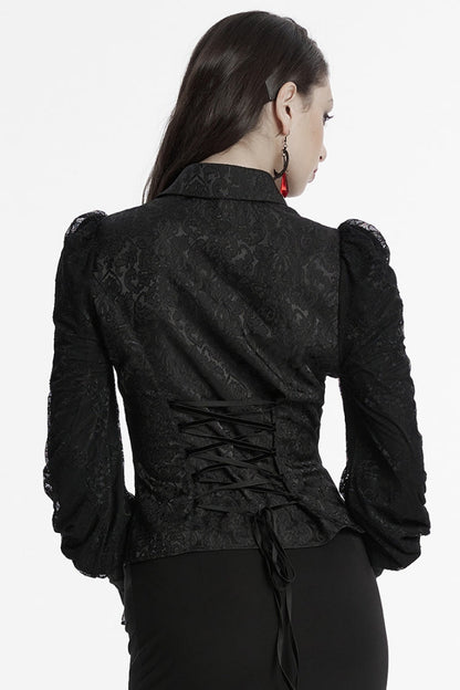 Black V Collar Long Puff Sleeves Lace-Up Zipper Women's Gothic Blouse