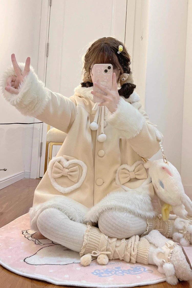 Light Yellow Woolen Rabbit Ears Single-breasted Bowknot Sweet Princess Lolita Coat