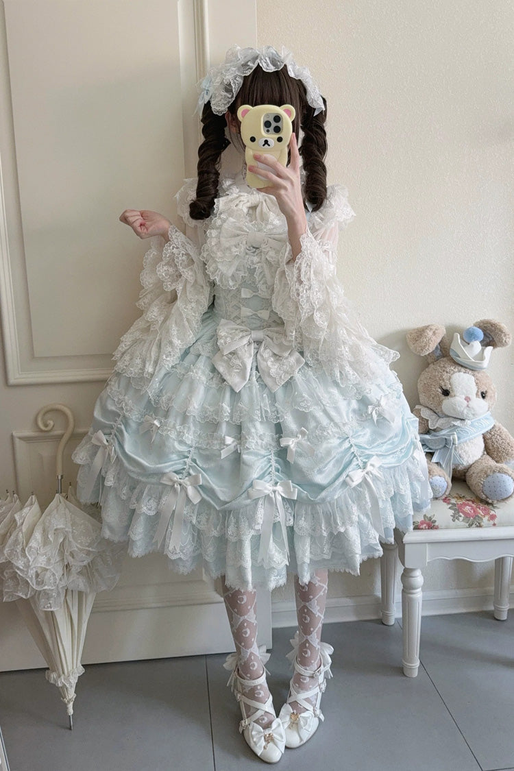 Blue [Silk Satin Gift Box] Square Collar Sleeveless Multi-Layered Ruffled Bow Lace Sweet Lolita Jsk Dress