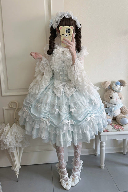 Blue [Silk Satin Gift Box] Square Collar Sleeveless Multi-Layered Ruffled Bow Lace Sweet Lolita Jsk Dress