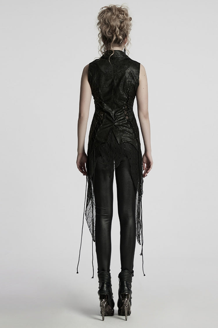 Black V Collar Sleeveless Stitching Lace-Up Irregular Mesh Women's Gothic Long Vest
