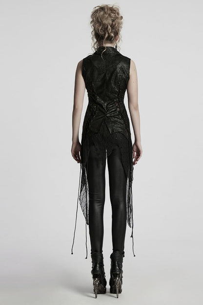 Black V Collar Sleeveless Stitching Lace-Up Irregular Mesh Women's Gothic Long Vest