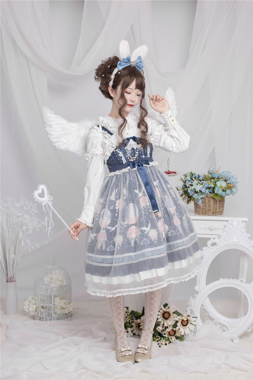 Blue Chiffon Flower Wedding Wearing Veil Princess Sweet Lolita JSK Dress