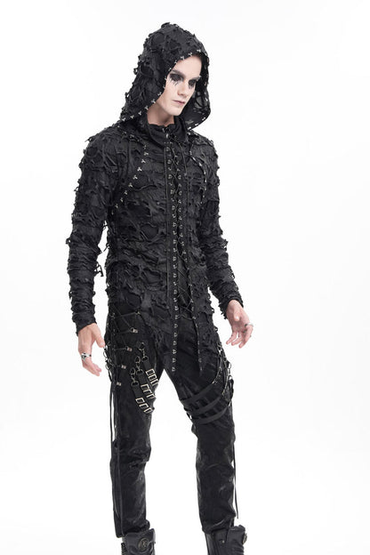 Black Studs Long Sleeves Lace-Up Ripped Men's Gothic Hooded Coat