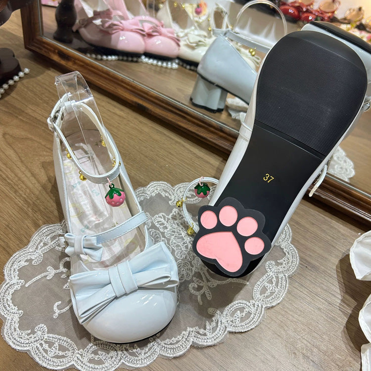 Round Toe Bow Mid Heel Lolita Mary Jane Shoes with Cat Paw Heels & Ankle Bells 6 Colors