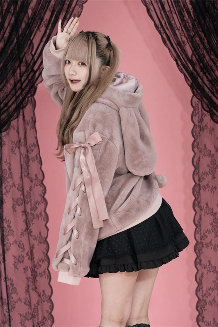 Pink Rabbit Ears Long Sleeves Bowknot Lace-Up Hooded Jirai Kei Coat