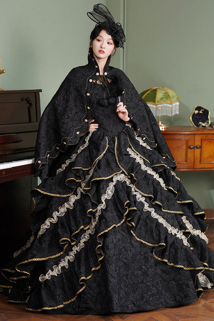 Black Square Collar Half Trumpet Sleeves Ruffled Open-Front Lace Gothic Vintage Palace Lolita Victorian Dress