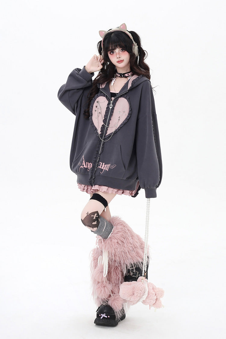 [Striped Bunny Ears] Long Sleeves Heart Print Embroidery Hooded Zipper Sweet Jirai Kei Cool Lolita Coat 2 Colors
