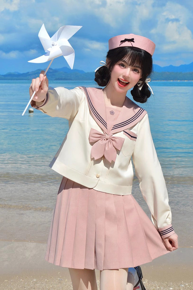 Pink/Ivory Sailor Collar Long Sleeves Sweet Japanese School Skirt Set