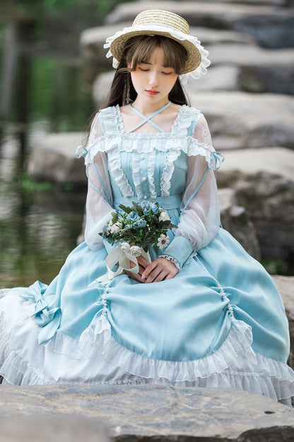 Blue Halter Neck Lantern Long Sleeves Lace Ruffled Hanayome Sweet Lolita Op Tiered Dress