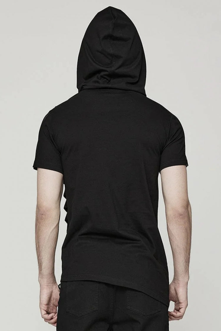 Black Short Sleeves Stitching Hooded Mesh Ripped Mens Steampunk T-Shirt